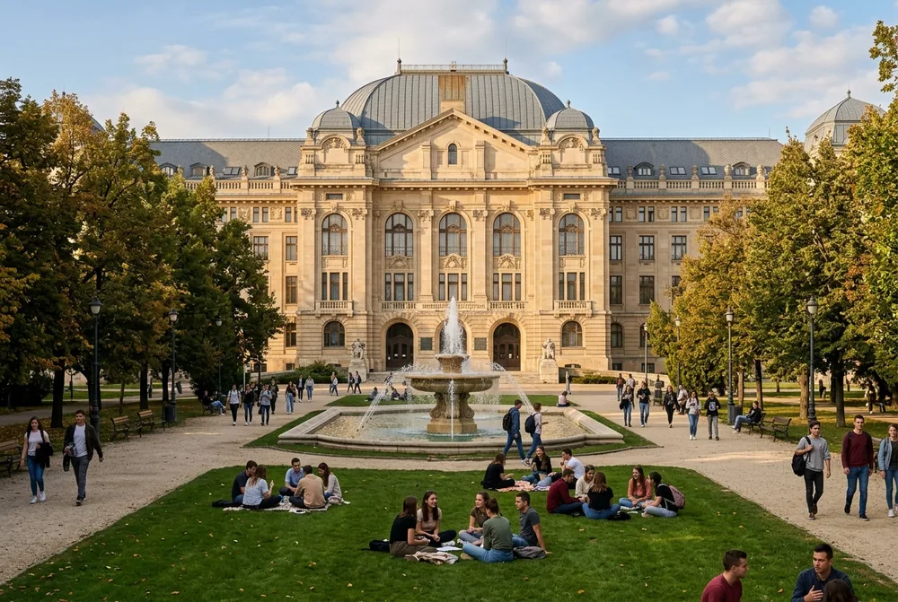 Debrecen Üniversitesi ana binası önündeki çimenlikte oturan öğrenciler