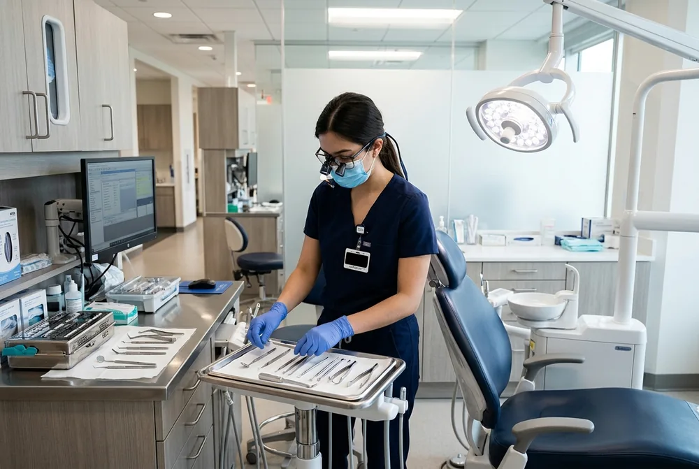 Üniversite diş hekimliği kliniğinde tedavi ünitesi ve hazırlık yapan öğrenci