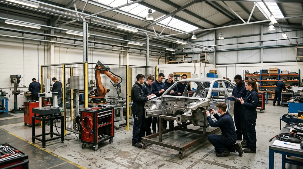 Üniversite otomotiv mühendisliği atölyesinde araç gövdesi ve endüstriyel robot hücresi çevresinde çalışan öğrenciler