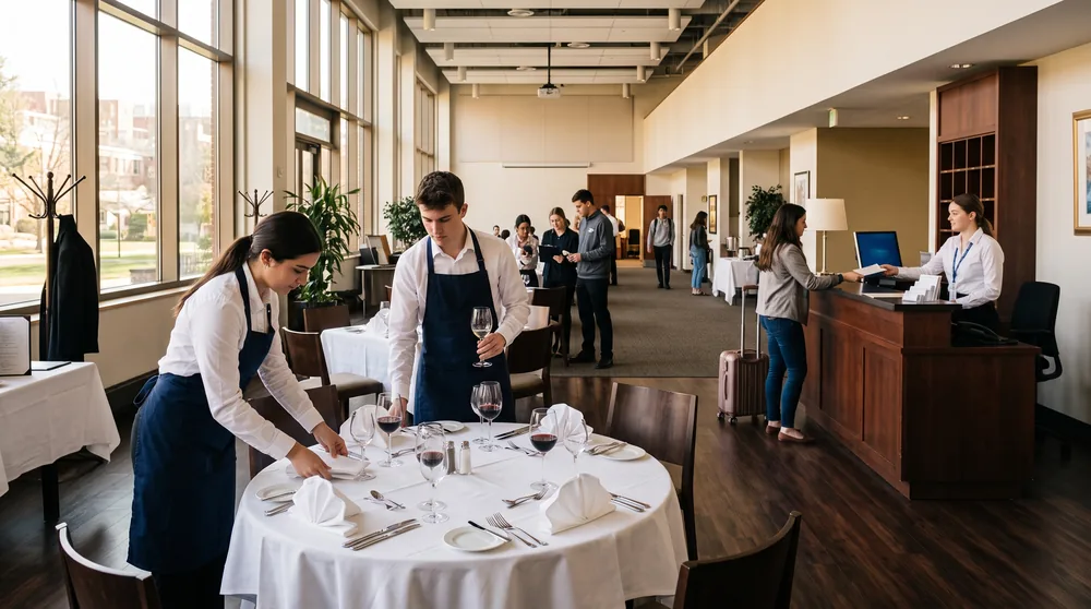 Turizm ve konaklama eğitim sınıfında otel resepsiyon bankosu ve restoran masası düzenleyen öğrenciler