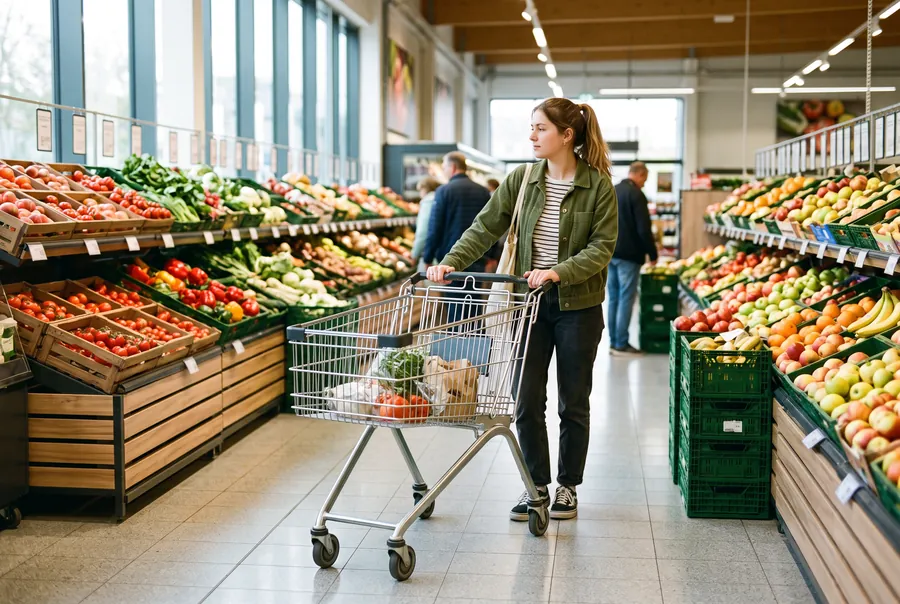 Bir öğrencinin süpermarketin sebze meyve reyonunda alışveriş yapması