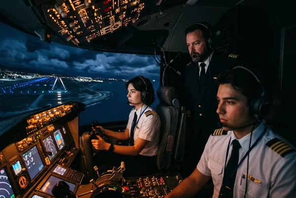 Uçuş simülatöründe eğitim alan öğrenci pilotlar