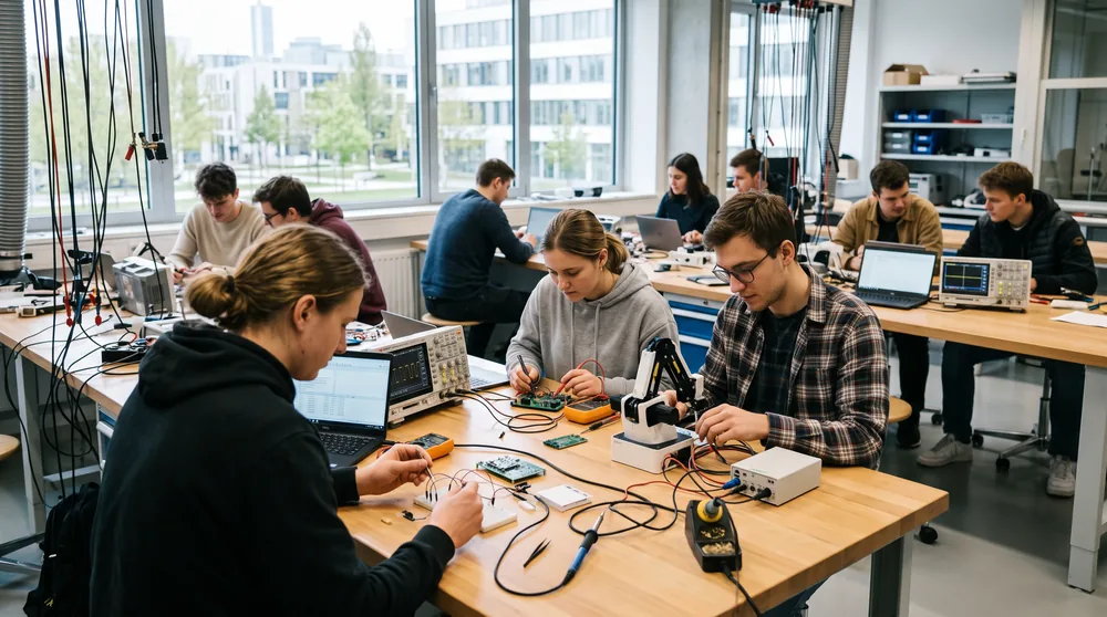 Üniversite mekatronik laboratuvarında elektronik devre üzerinde çalışan öğrenciler
