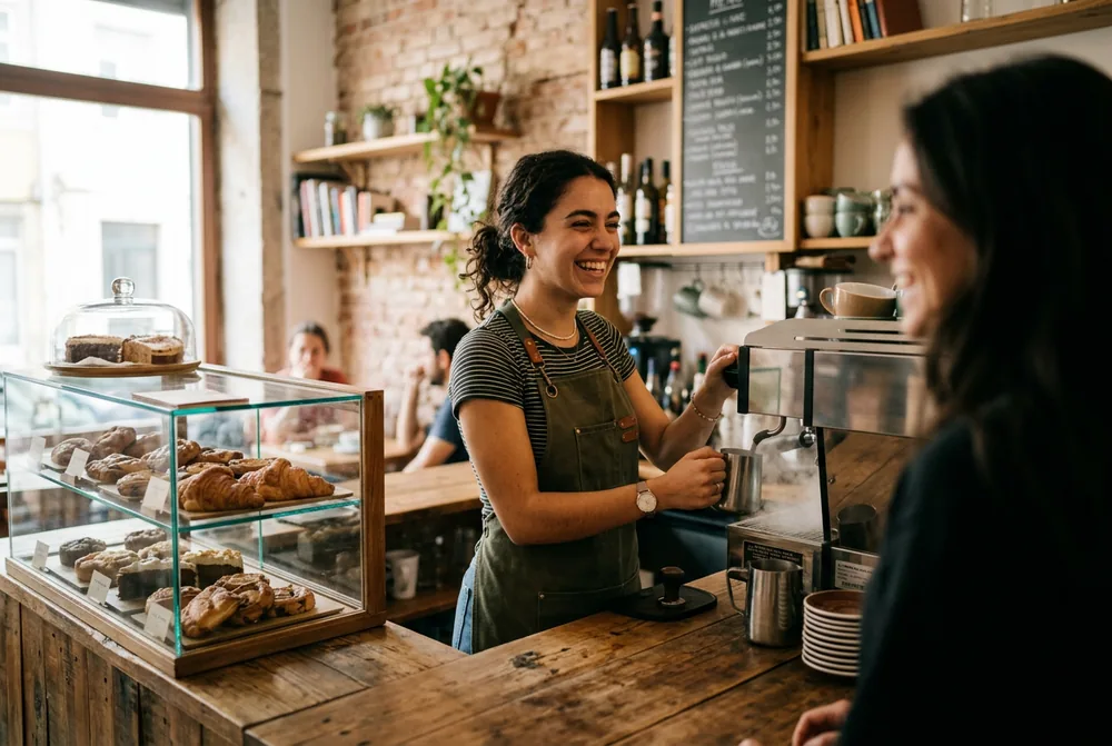 Küçük bir kafenin tezgâhında part-time çalışan üniversite öğrencisi