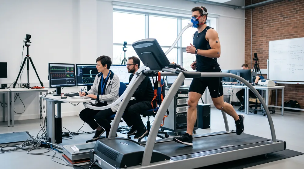 Spor performans laboratuvarında koşu bandında test edilen sporcu ve verileri izleyen spor bilimciler